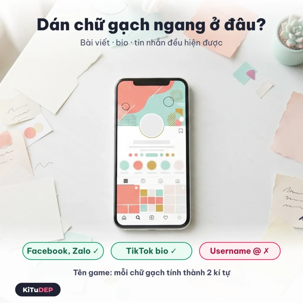 Chữ gạch ngang hiển thị trên Facebook, Zalo, TikTok bio; không dùng cho username