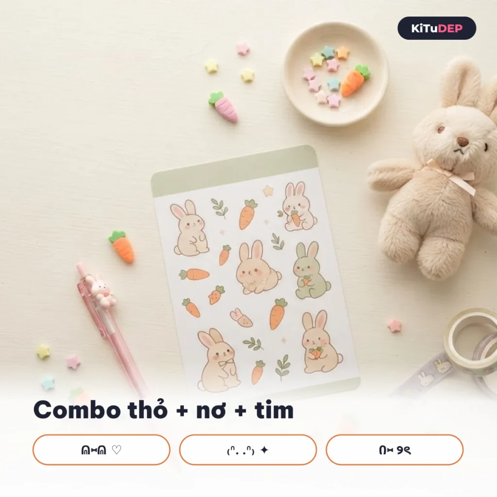 Combo kí tự thỏ ghép nơ và tim cho tên, bio