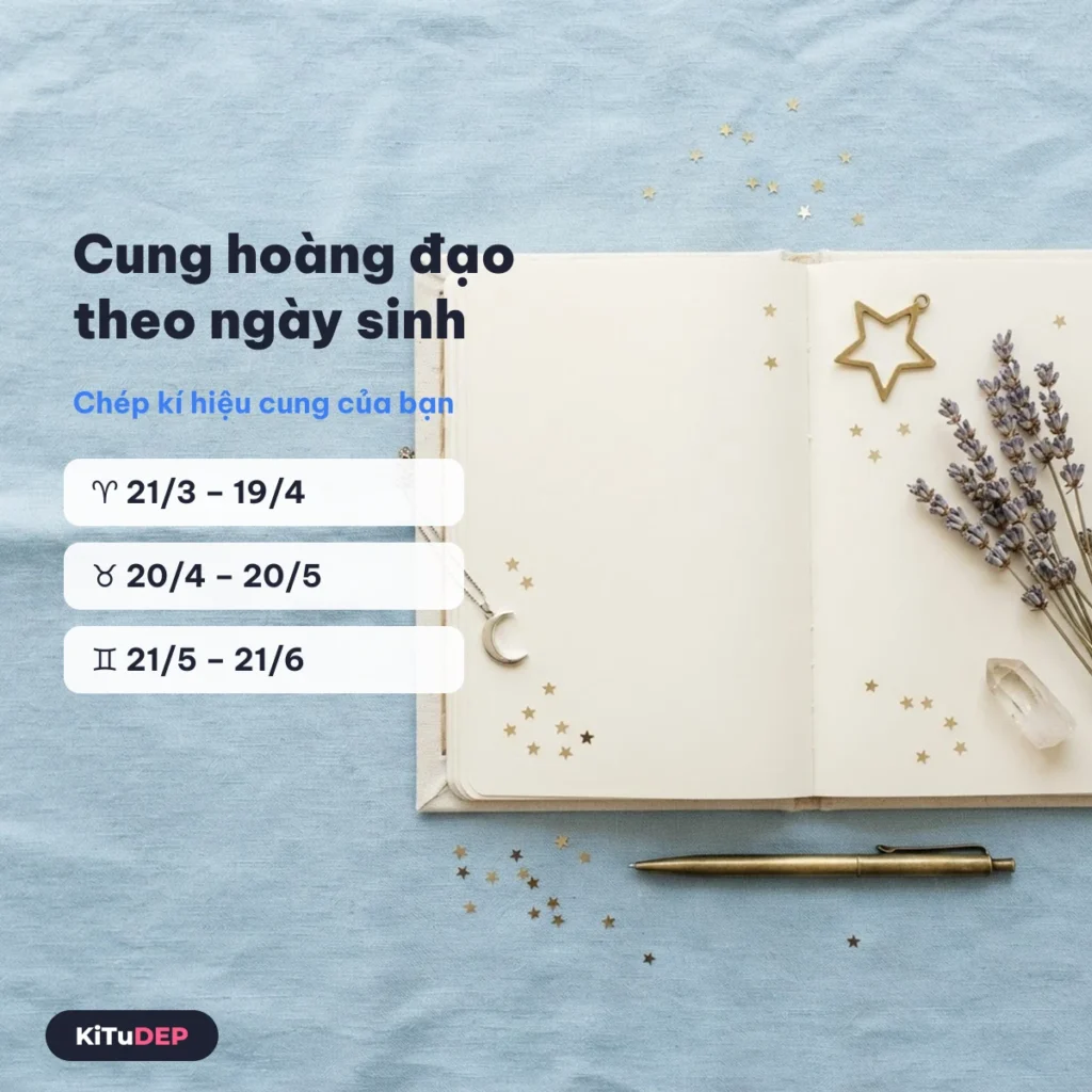 Kí tự cung hoàng đạo theo ngày sinh: Bạch Dương, Kim Ngưu, Song Tử