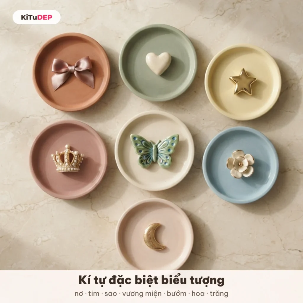 Kí tự đặc biệt biểu tượng: nơ, trái tim, ngôi sao, vương miện, bướm, hoa, mặt trăng