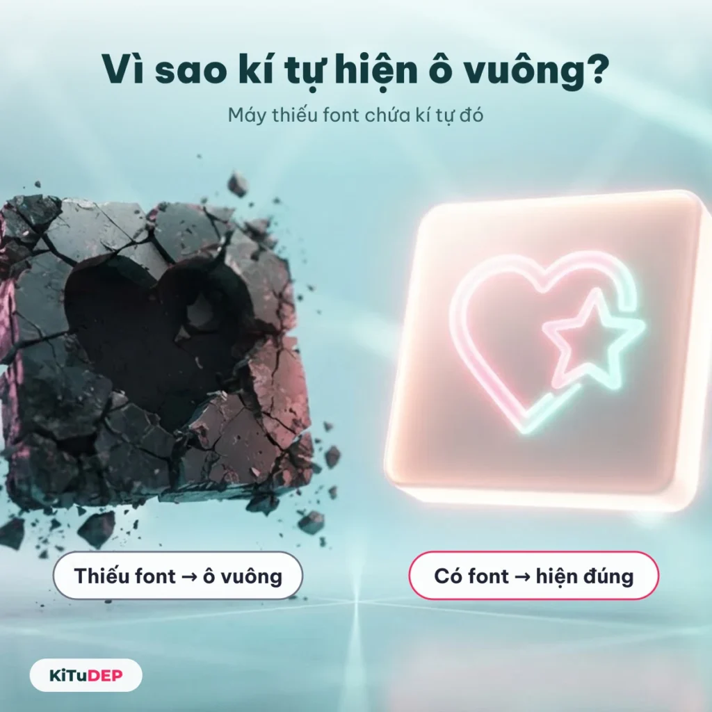 Kí tự đặc biệt hiện ô vuông khi máy thiếu font, hiện đúng khi có font