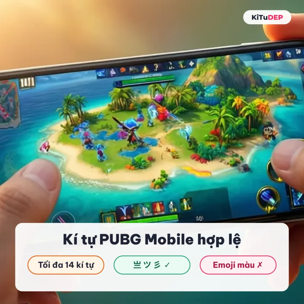 Kí tự đặc biệt PUBG Mobile hợp lệ: tối đa 14 kí tự, kí hiệu 亗 ツ 彡, emoji màu bị chặn