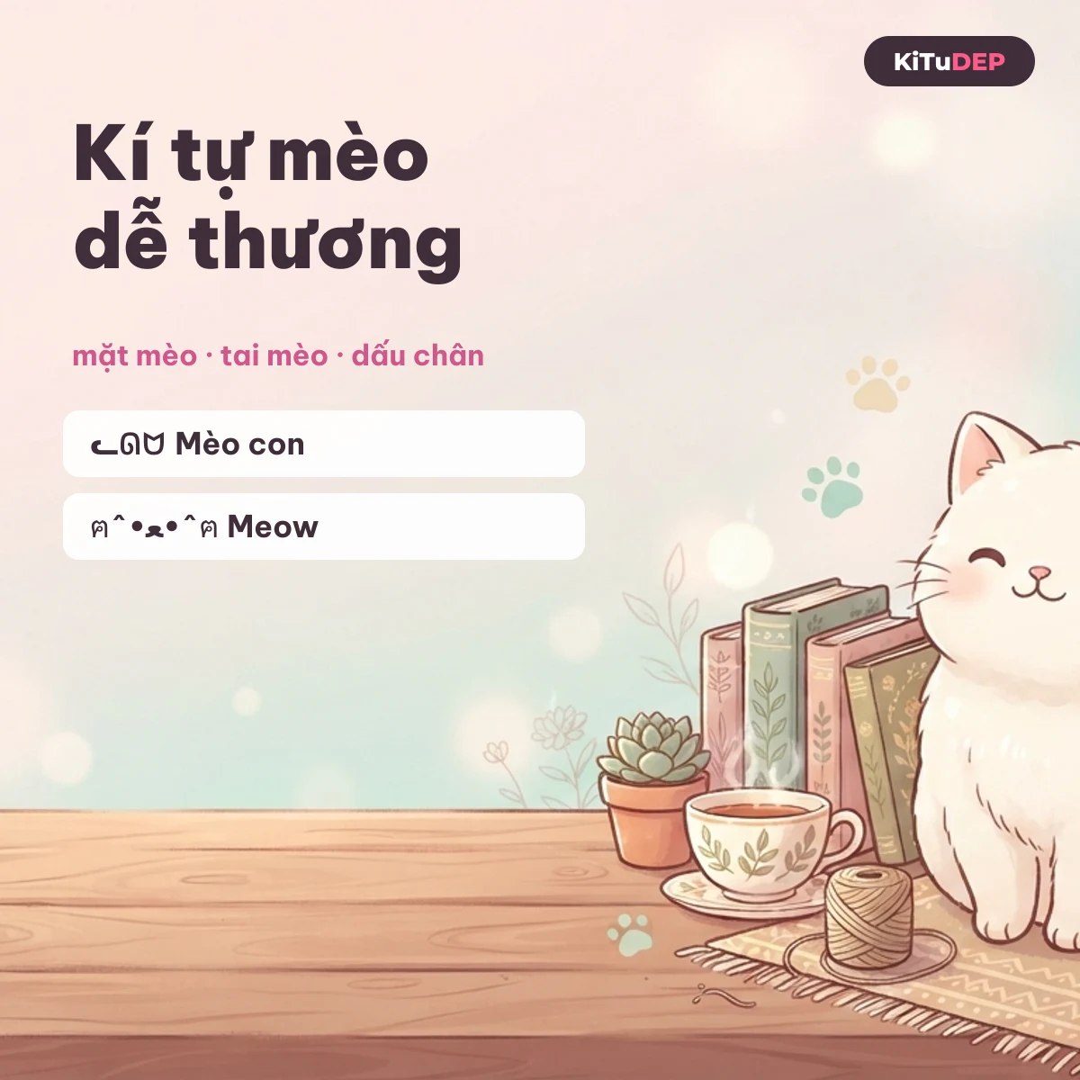Kí tự mèo dễ thương: mặt mèo, tai mèo, dấu chân mèo