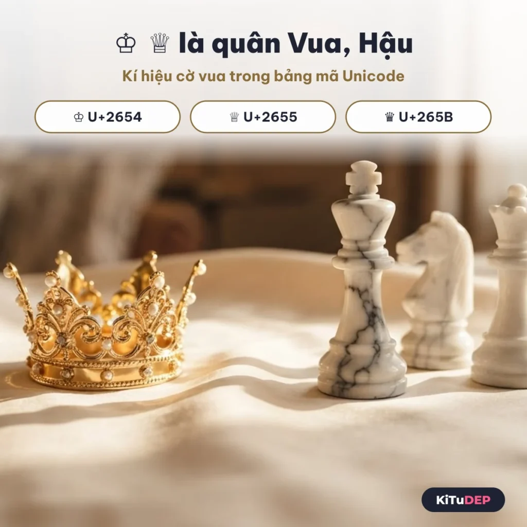 Kí tự vương miện ♔ U+2654, ♕ U+2655, ♛ U+265B là quân cờ Vua, Hậu
