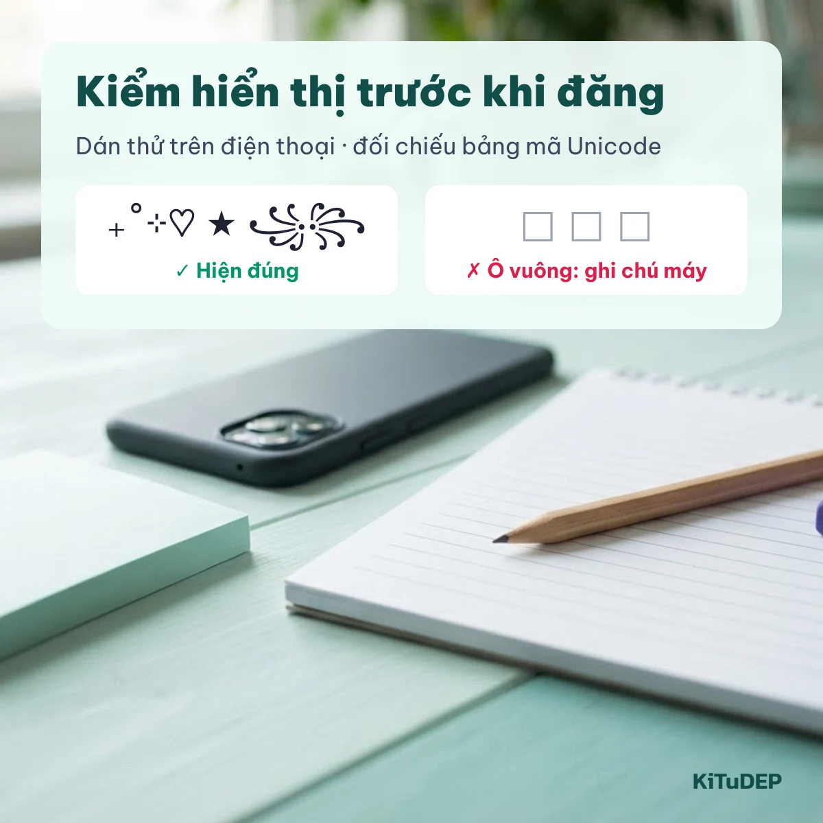 Kiểm hiển thị kí tự đặc biệt trên điện thoại trước khi đăng lên KiTuDEP