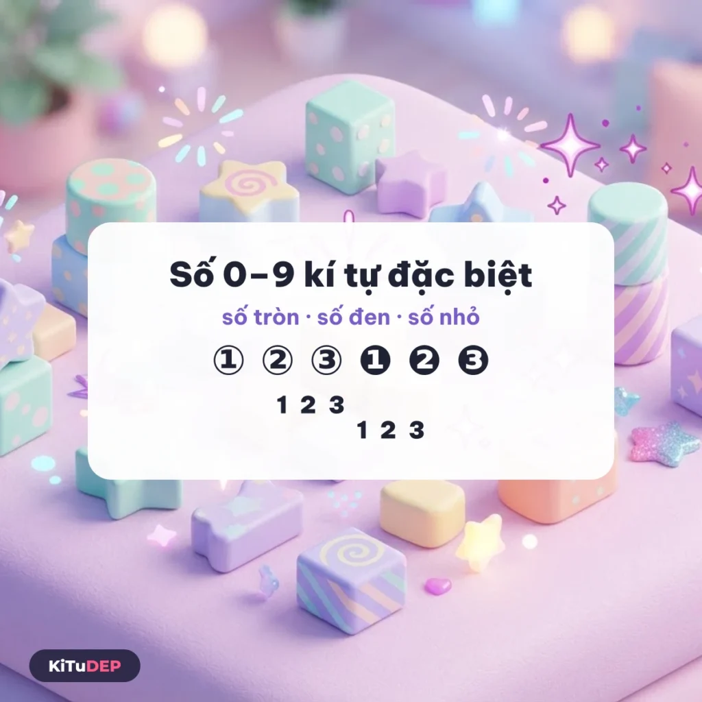 Số 0–9 kí tự đặc biệt: số tròn ① ❶, số nhỏ ¹ ₁